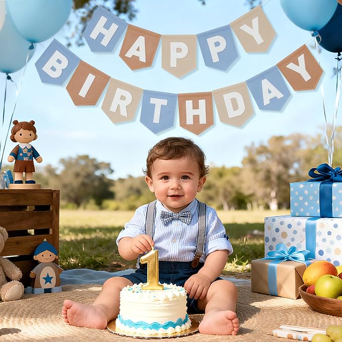 Felt Blue Khaki Happy Birthday Banner Birthday Decorations - Image 4