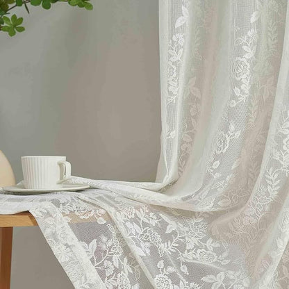 FINECITY Ivory Lace Curains for Bedroom Rustic Floral 52 x 90 Inch 2 Panels | - Image 7