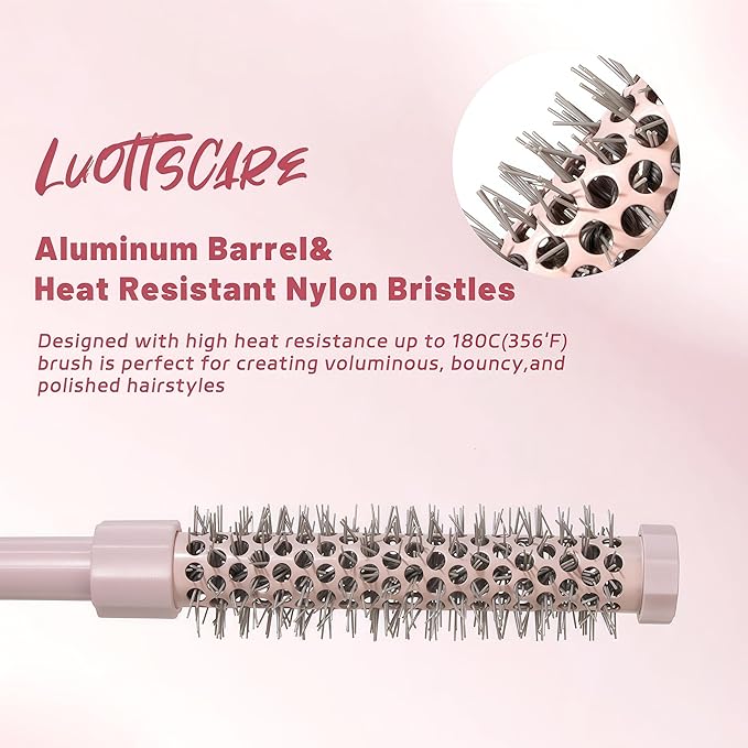 3pcs Small Round Hair Brush for Short Hair - Barrel Hair Brush for Blow Drying, Aluminum Round Brush for Bobs, Bangs, Lobs, Roots, Curling, Pixie Cuts, Straight Hair - Pink