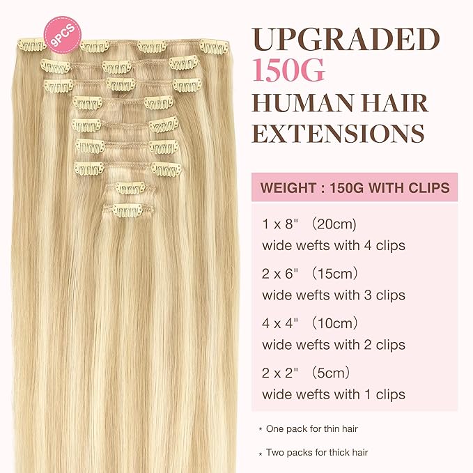 GOO GOO Clip in Hair Extensions Real Human Hair, Remy Human Hair Extensions Clip ins for Women, Natural Human Hair, 20inch 150g 9Pcs, 18A/613A Dark Blonde Highlighted Bleach Blonde