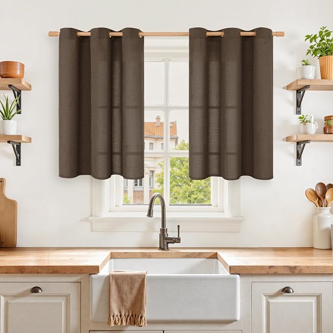 YoungsTex Brown Linen Curtains 36 Inch Length, Short Light Filtering Drapes by YoungsTex