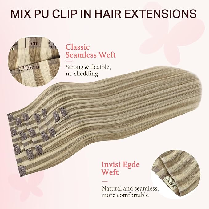 DOORES Clip in Hair Extensions Set 18 Inch 130g, 4pcs Invisi Edge Clip ins and 3pcs Classic Seamless Clip ins, Injected Virgin Real Human Hair Extensions Natural Invisible Straight, #1
