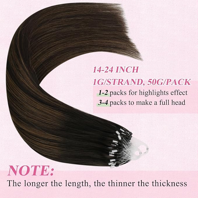 YoungSee Micro Bead Hair Extensions Real Human Hair Brown Micro Loop Hair Extensions Human Hair Dark Brown Balayage Bead Hair Extension 22 Inch Ombre Micro-Link Hair Extension Soft for Wedding 50g 50s