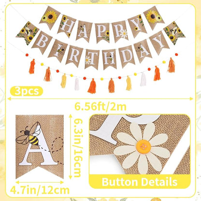 Burlap Sunflower Birthday Banners, Pre-strung Sunflower and Bee Themed Party - Image 3