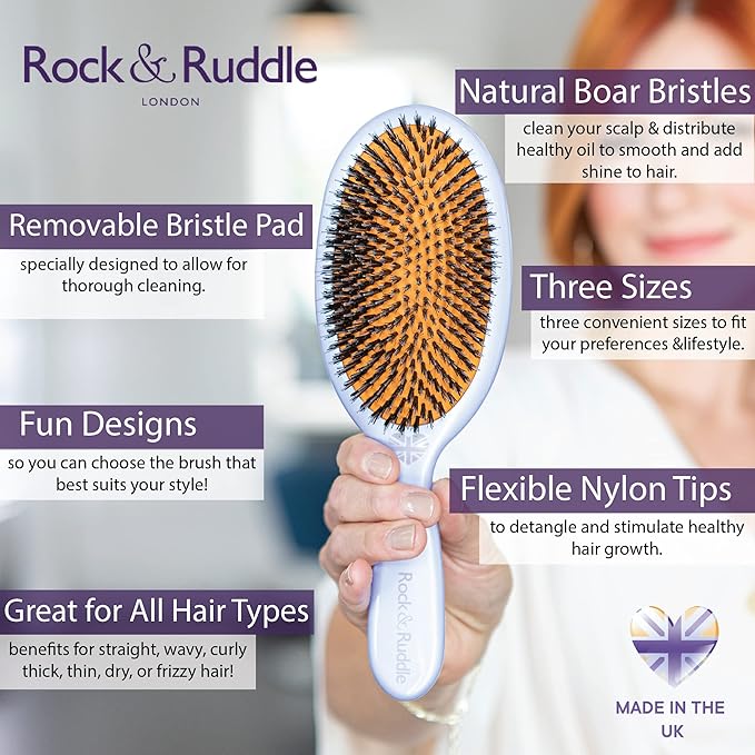 Rock & Ruddle Natural Mixed Boar Bristle Hair Brush for Women, Kids (Small/Travel Size, 17.5cm) - Perfect for Wet or Dry Hair, Detangling Smoothing Blowdrying - Made in UK - Miss Daisy Union Jack