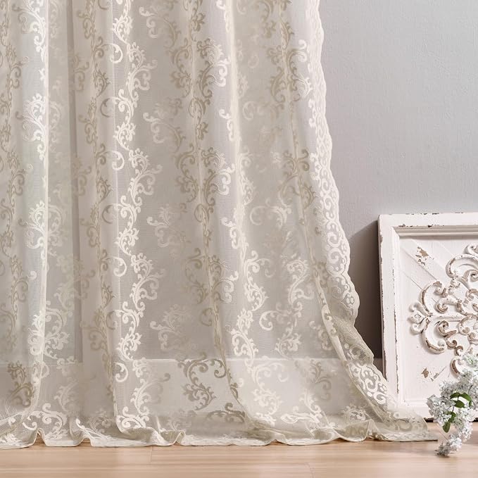 Khaki Lace Curtains 63 Inch Length 2 Panels Vintage French Floral Sheer Curtains - Image 5