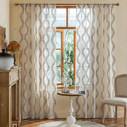 2 Panels Linen Leaf String Floral Embroidered Semi Sheer Curtain Farmhouse - Image 2