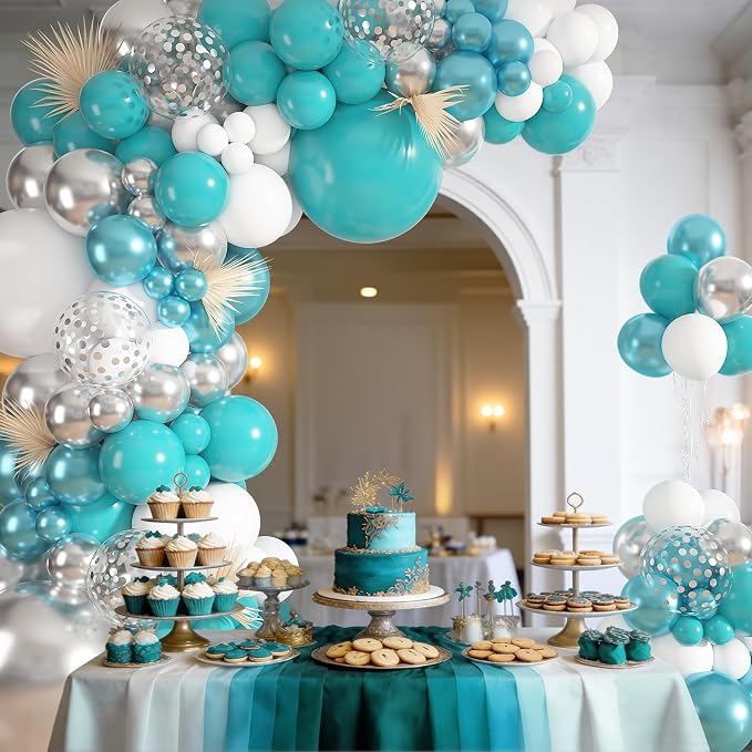 152Pcs Teal Silver White Balloons Arch Kit Different Size | Turquoise Blue - Image 3