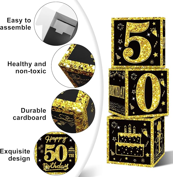 Eiurteao 3pcs Black Gold 50th Birthday Decorations Boxes - Image 5