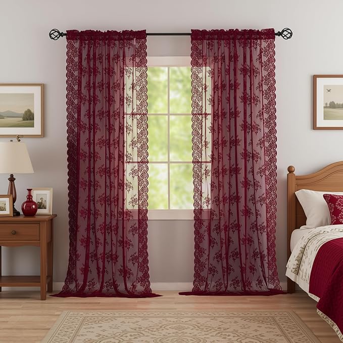 Kotile Burgundy Lace Curtains for Living Room Floral 52 x 80 Inch 2 Panels | - Image 4