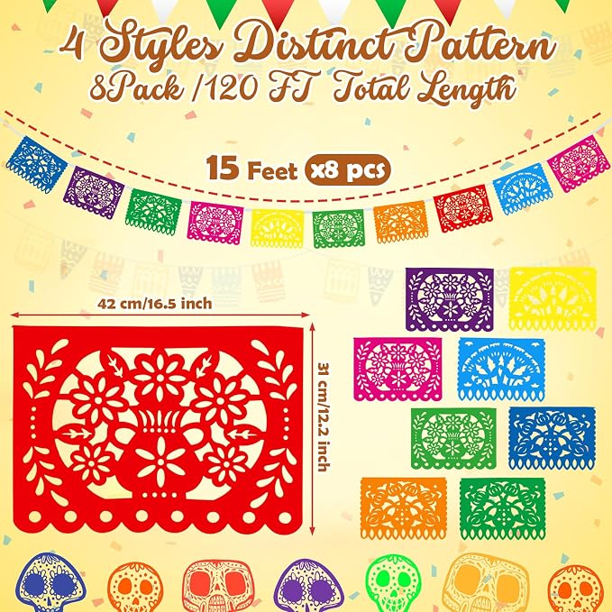 Boao 8 Packs 120 ft Mexican Party Decorations Fiesta Banner Plastic Papel - Image 2