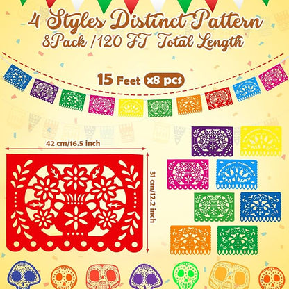 Boao 8 Packs 120 ft Mexican Party Decorations Fiesta Banner Plastic Papel - Image 2