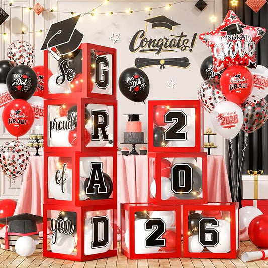 Graduation Decorations Class of 2026-Red and Black Graduation Party by FunHot