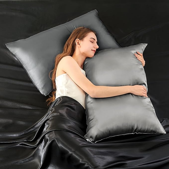 INFIIXSO Silk Pillow Cases Queen Size Set of 2-20x30Inches Silk Pillowcases with Hidden Zipper, Ultra Smooth and Soft Cooling Pillow Cases for Hot Sleepers (Dark Grey 20x30 Inches, 2 Pack)