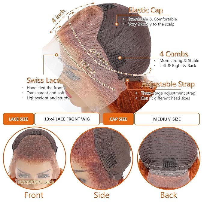 Ginger Wig Human Hair 13x4 Straight Ginger Orange Lace Front Wigs Human Hair HD Transparent Lace Frontal 350 Colored Wig Pre Plucked 180% Density 28inch