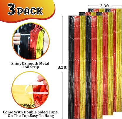 Voircoloria Red Black Gold Fringe Backdrop Curtains, 3 Pack | Tinsel Streamers - Image 2