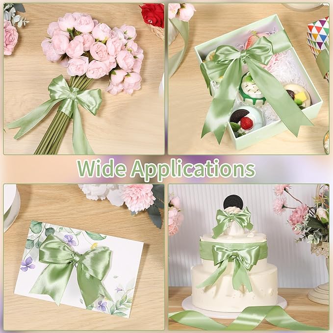 woric Sage Green Satin Ribbon 1 1/2 Inch 60 Yards | Single Face Light Green - Image 4