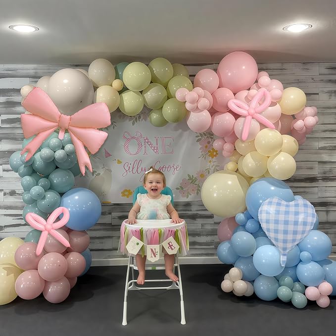 Goose Balloon Arch Kit Pastel Pink Blue Sage Green Balloons Garland Bow Gingham - Image 4