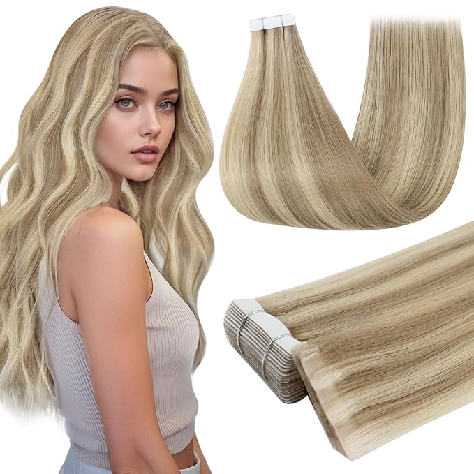 Full Shine Injected Tape in Hair Extensions Human Hair 18 Inch Double Sided Color 16 Golden Blonde Highlight 22 Medium Blonde Remy Seamless Skin Weft Insert Tape in Extensions 20Pcs 50G