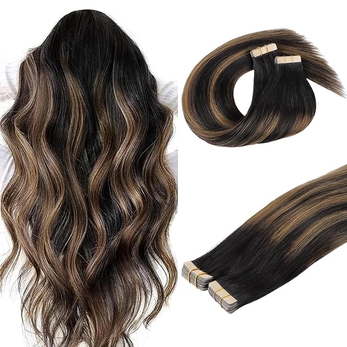 DOORES Tape in Hair Extensions, 100g 40pcs 18 Inch Balayage Natural Black to Chestnut Brown, Straight Skin Weft Human Hair