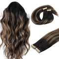 DOORES Tape in Hair Extensions, 100g 40pcs 18 Inch Balayage Natural Black to Chestnut Brown, Straight Skin Weft Human Hair