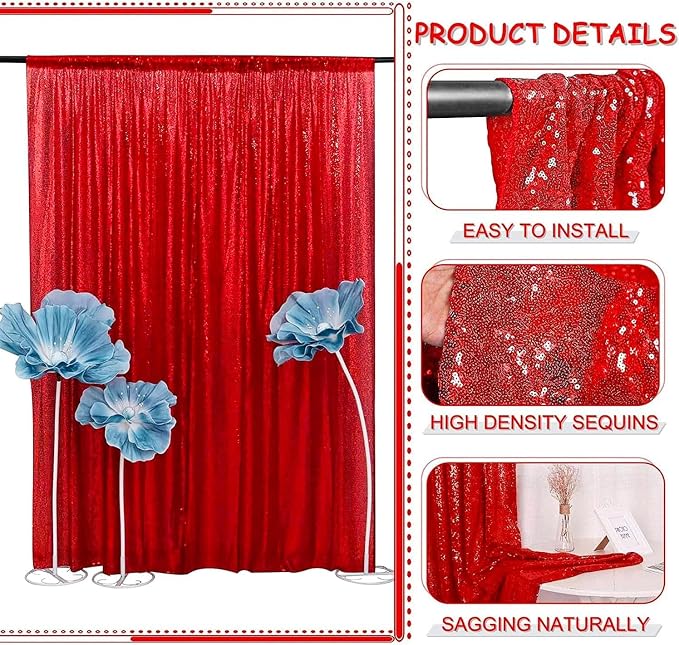 Red Sequin Backdrop Curtains 10FTx10FT 1 Panel | Shimmer Wall Backdrop - Image 3