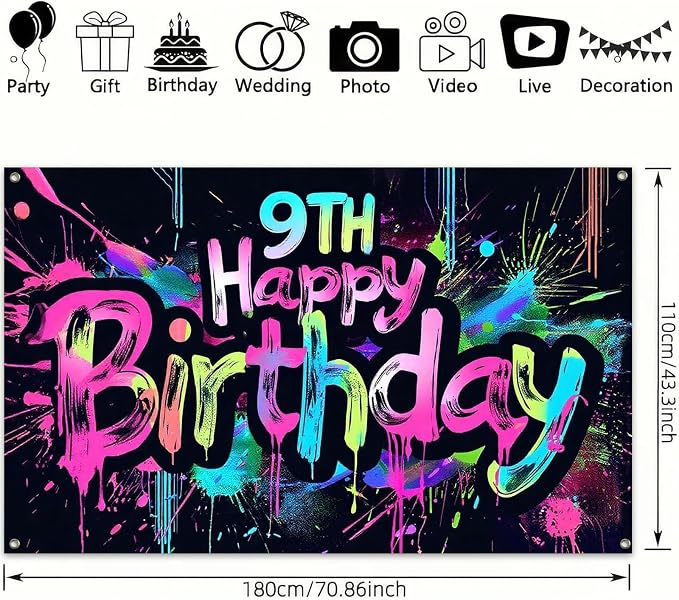 HOMETITUTE Neon 9th Birthday Banner Backdrop Decorations 71x43 Inch | Graffiti - Image 3