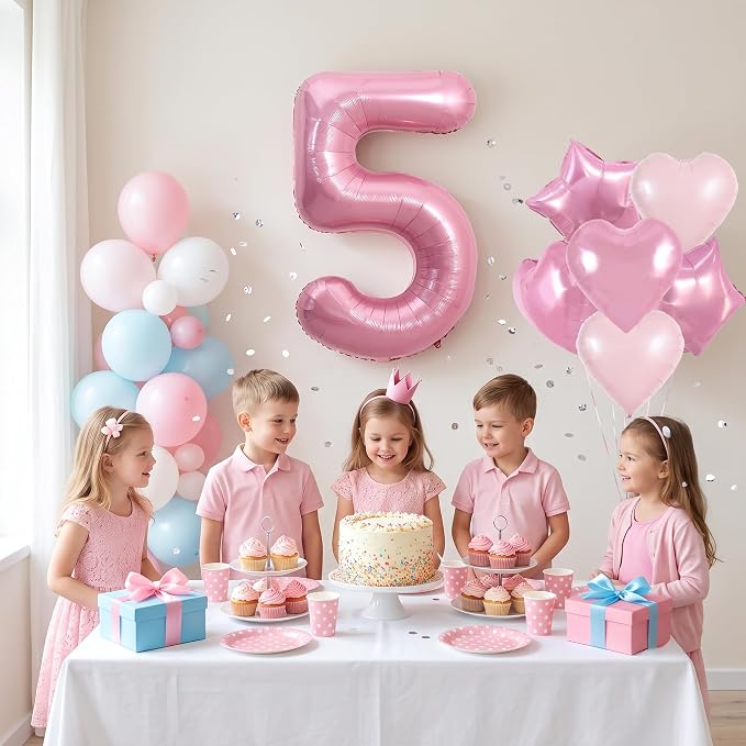 TONIFUL 5th Birthday Balloons Kit 40 Inch Pink Large Number 5 Foil Balloon | - Image 3