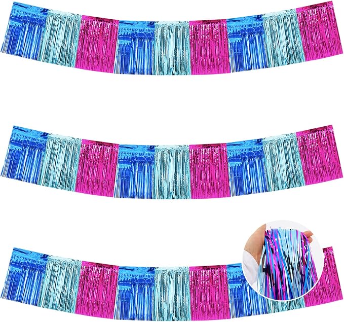 BEISHIDA Blue Fuchsia Fringe Garland Banner 30ft Wall Tinsel Foil Streamers | by Beishida