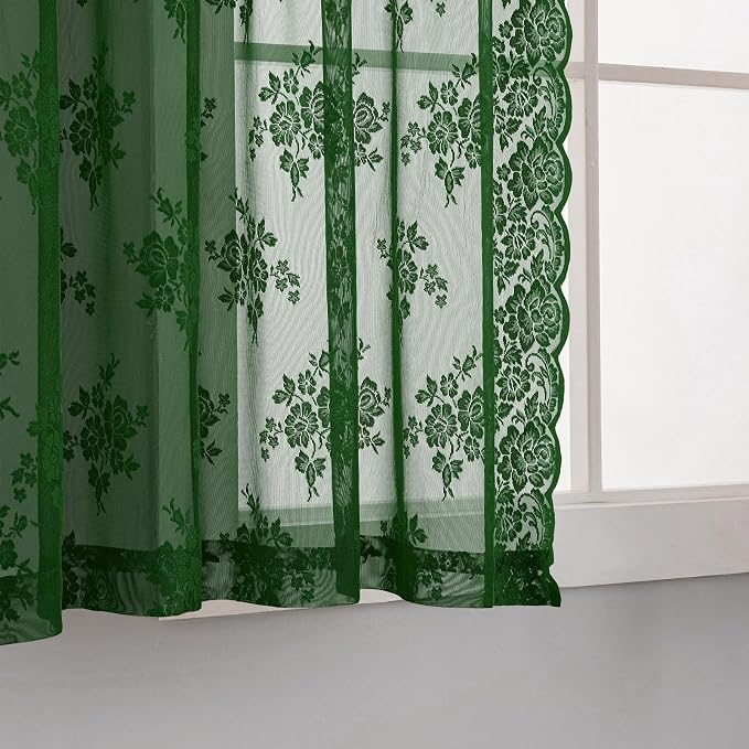Emerald Green Lace Curtains for Kitchen Windows W42 x L36 Inch, 2 Panels | Rod - Image 4