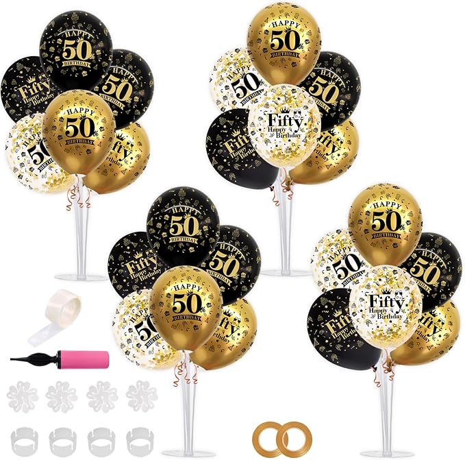 TONIFUL 4 Set Black Gold 50 Printed Balloon Stands by TONIFUL