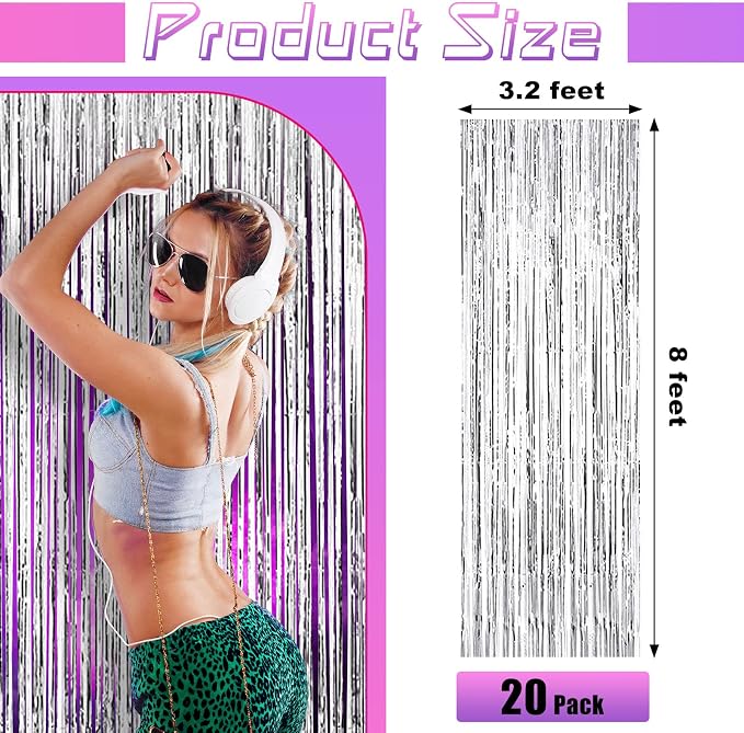 20 Pcs Silver Foil Fringe Backdrop 3.28 x 8.2 ft Metallic Tinsel Curtains - Image 2
