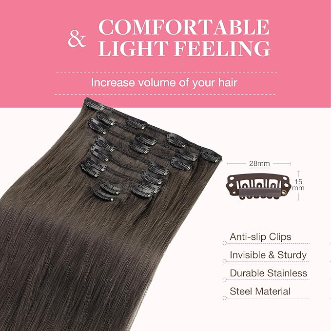 GOO GOO Clip in Hair Extensions Real Human Hair, Remy Human Hair Extensions Clip ins for Women, Natural Human Hair, 14inch 150g 9Pcs, 1C Mocha Brown
