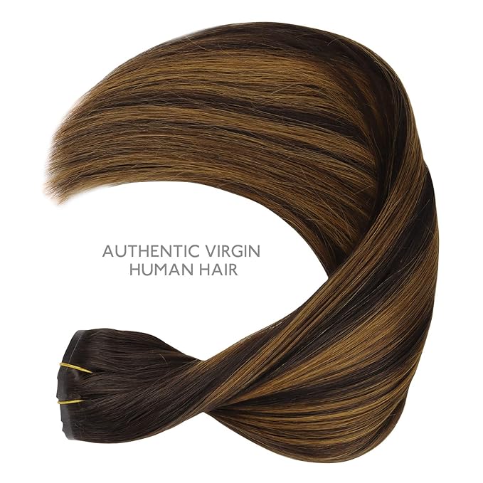 WENNALIFE Seamless Clip In Hair Extensions Human Hair, 12 Inch 80g 7pcs Balayage Dark Brown Mixed Chestnut Brown Real Hair Extensions Clip in Human Hair Invisible PU Skin Weft Natural