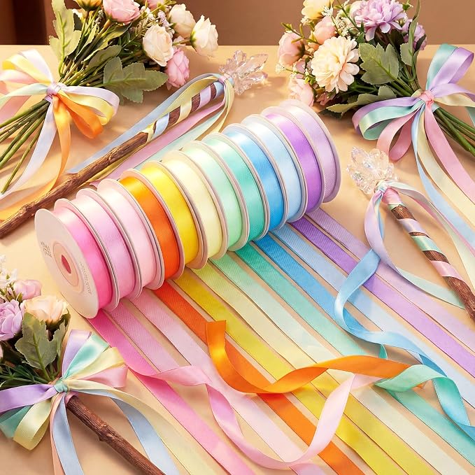 woric 120 Yards Rainbow Ribbon 12 Colors 3/8" x 10 Yards/Roll | Colorful Satin - Image 5