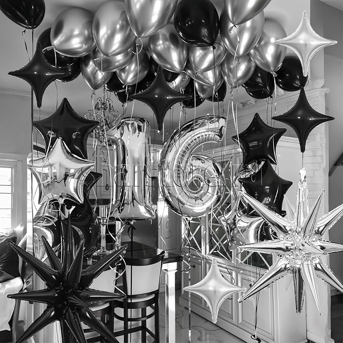 14pcs Black Silver Star Balloons, Mixed Star Foil Balloon, 22Inch Explosion - Image 3