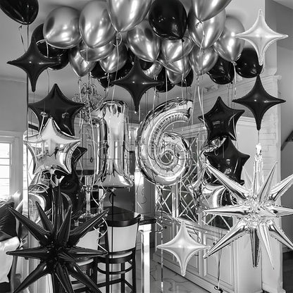14pcs Black Silver Star Balloons, Mixed Star Foil Balloon, 22Inch Explosion - Image 3