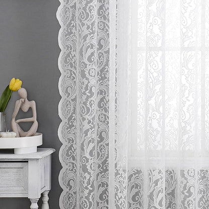 Bujasso White Lace Sheer Curtains 84 inch Vintage Floral Sheer Window Curtain - Image 4