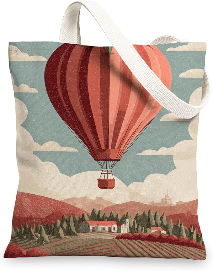 Vintage Hot Air Balloon Canvas Tote Bags, Artistic Landscape Reusable Grocery by Unknown