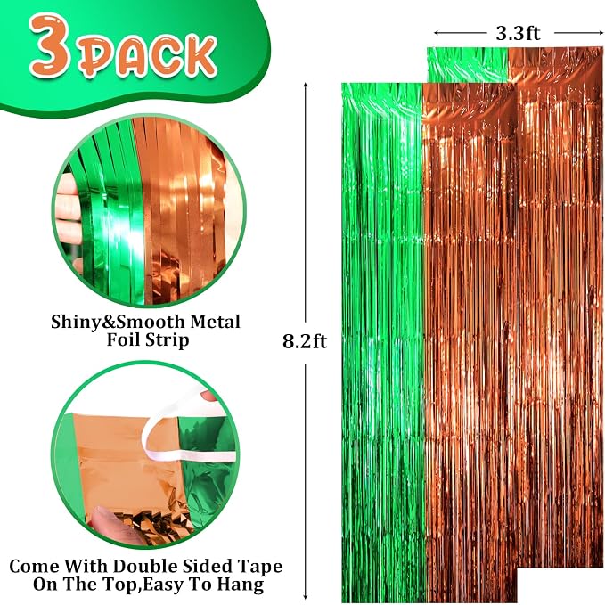 Voircoloria 3 Pack 3.3 x 8.2 ft Green and Brown Foil Fringe Backdrop Curtains - Image 2