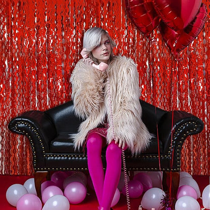 Red Tinsel Foil Fringe Curtains Wavy Backdrop - Image 3