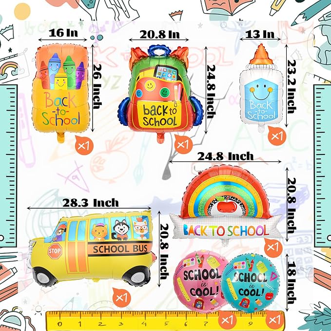 7 Pcs Back to School Balloons, School Bus Balloon, Colorful Schoolbag Pencil - Image 2