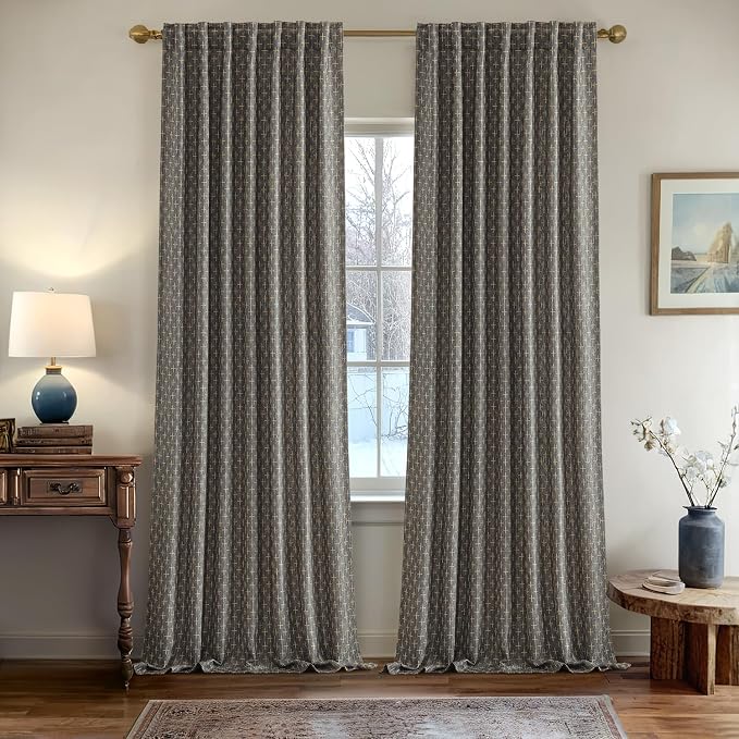 MIULEE Patterned Farmhouse Linen Curtains, Back Tab, Dark Grey | Linen Curtains - Image 2