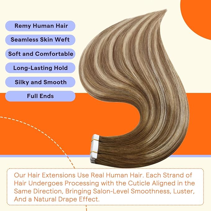 Full Shine Tape in Hair Extensions 20 Inch Color 4/27/60/8 Medium Brown Ombre Blonde and Ash Brown Invisible Double Sided Tape in Extensions Human Hair 20PCS Straight Remy Hair 50grams for Party