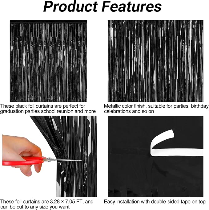 ZATAYE 2 Pack Black Foil Curtain Backdrop Birthday Party Decorations | Black - Image 4