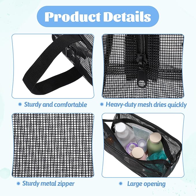 Bremorou 1 Pcs Small Mesh Shower Bag Black Gym Toiletry Bags Portable Rectangle Bathroom Travel Organizer Quick-Dry Shower Meshes Bag Women Men Bathroom Camping Travel Dorm College Gifts 25×11 ×16 cm