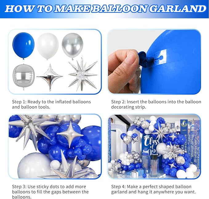 HILAVO Blue White Silver Balloon Arch Kit Fathers Day Explosion Star 4D Silver - Image 7