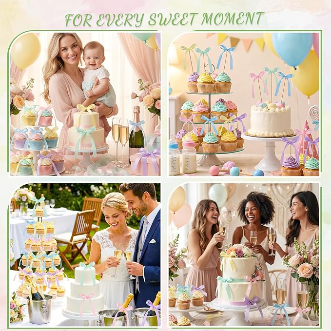 Pastel Bows for Cake Ribbon Bow Cake Topper Rainbow Bow Cupcake Toppers | 30 - Image 5
