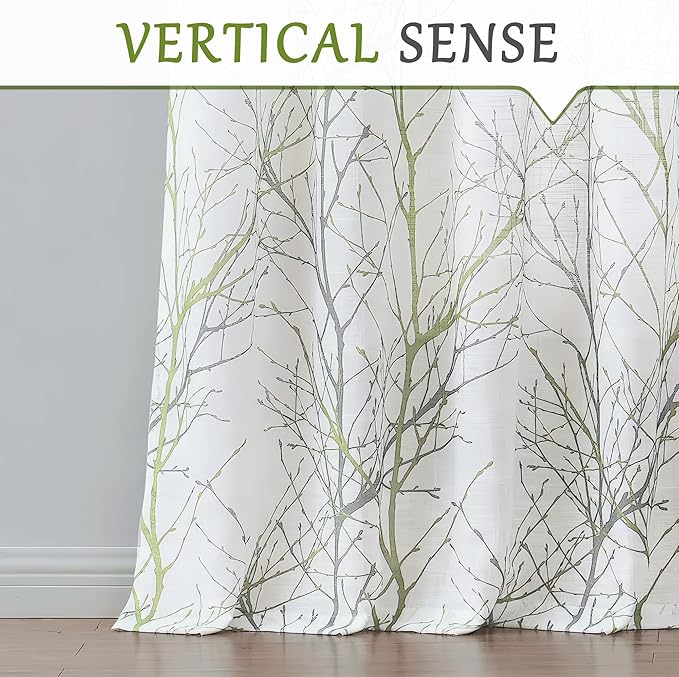 FMFUNCTEX Linen Sage Green White Semi Sheer Print Curtains 54 Inch 2 Panels | - Image 7