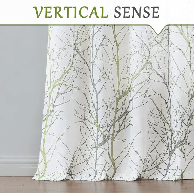 FMFUNCTEX Linen Sage Green White Semi Sheer Print Curtains 96 Inch 2 Panels | - Image 7